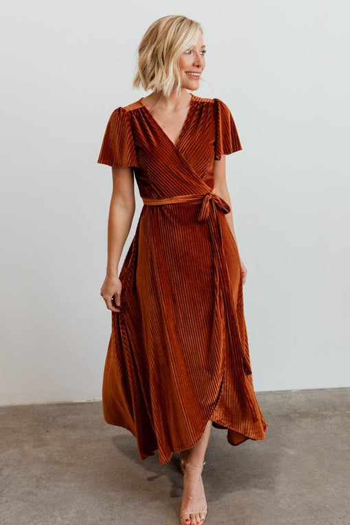 Andi Ribbed Velvet Wrap Dress | Copper ...